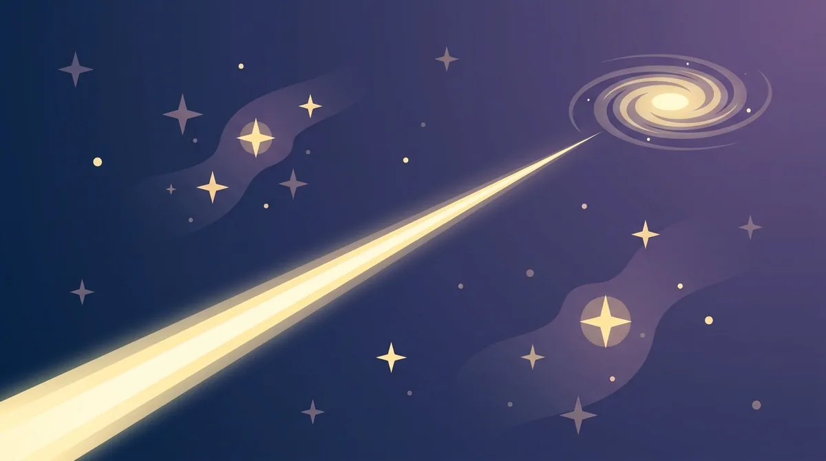 Lúč hviezdneho svetla tiahnuci sa hlbokým vesmírom k vzdialenej špirálovej galaxii, ilustrujúci obrovskú vzdialenosť, ktorú svetlo prekoná za jeden svetelný rok